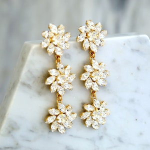 Bridal Long Earrings, Bridal Crystal Clear Earrings, Flower Crystal Chandelier Earrings, Long Crystal Dangle Earrings, Gift For Her image 1