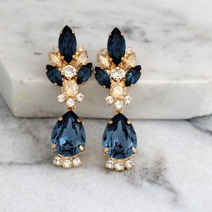 Blue Navy Earrings, Dark Blue Bridal Earrings, Navy Blue Chandelier Earrings, Blue Navy Champagne Champagne Earrings, Bridal Drop Earrings