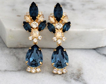 Blue Navy Earrings, Dark Blue Bridal Earrings, Navy Blue Chandelier Earrings, Blue Navy Champagne Champagne Earrings, Bridal Drop Earrings