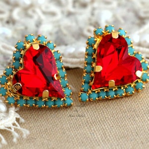 Robijnrode oorbellen, rode robijnrode hartoorbellen, rode kristallen oorbellen, Siam Red Heart Studs, cadeau voor haar, valentijnscadeau, hartoorbellen