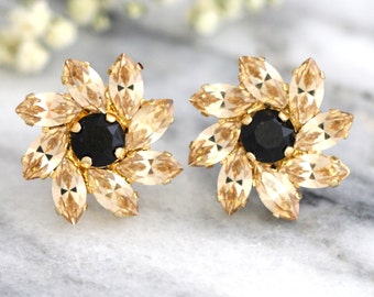 Black Champagne Earrings, Gold Black Crystal Stud Earrings, Gift for her, Bridal Light Silk Earrings, Bridesmaids Earrings, Christmas Gift.