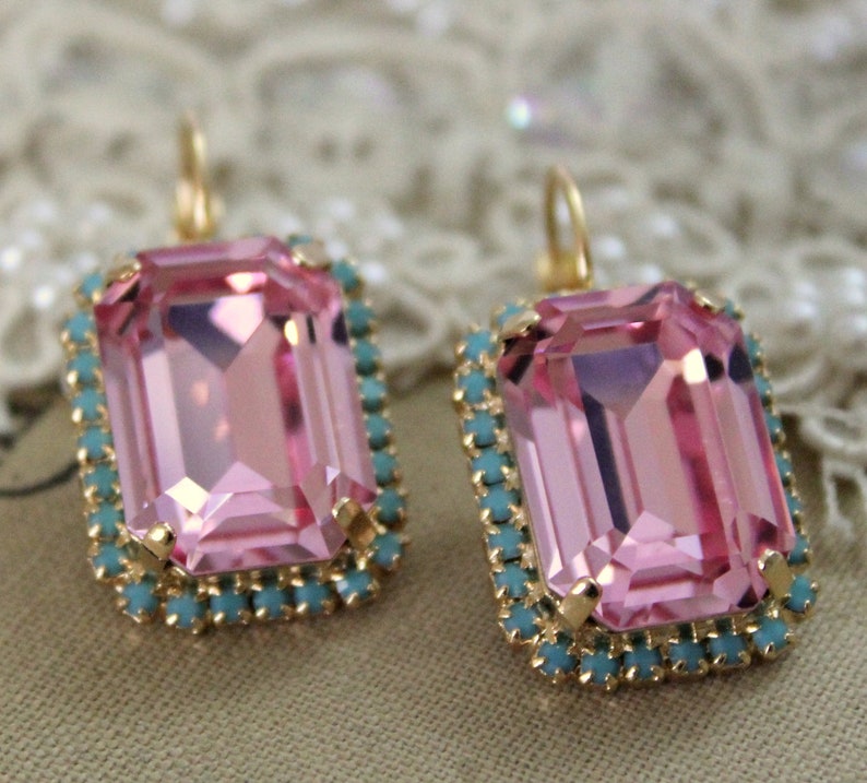 Pink Crystal Earrings, Pink Turquoise Drop Earrings, Pink Rosr Octagon Earrings, Mother of the Bride Earrings, Light Rose Earrings image 4