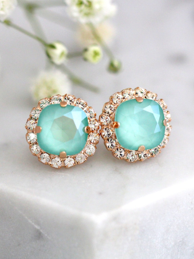 Mint Earrings Mint Opal Studs Swarovski Crystal Mint Etsy