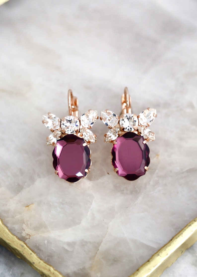Purple Crystal Drop Earrings, Purple Plum Crystal Bridal Earrings, Amethyst Purple Crystal Earrings, Gift For Her, Bridesmaids Earrings. image 4