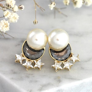 Pearl Stud Earrings, Moon Stars Earrings, White earl Earrings, Gift For Her, Crescent Moon Earrings, Star Earrings, Crystal Gray Earrings