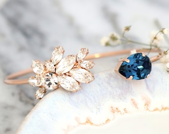 Blue Navy Bracelet, Bridal Navy Blue Crystal Bracelet, Bridesmaids Bracelet, Bridal Dark Blue Rose Gold Bracelet, Forearm Bridal Bracelet
