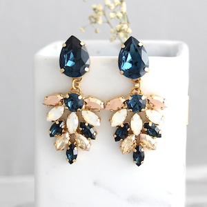 Blue Navy Drop Earrings, Bridal Sapphire Chandeliers, Blue White Opal Chandelier, Dark Blue Champagne Crystal Bridal Chandelier Earrings