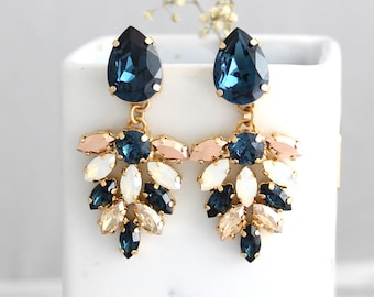 Blue Navy Drop Earrings, Bridal Sapphire Chandeliers, Blue White Opal Chandelier, Dark Blue Champagne Crystal Bridal Chandelier Earrings