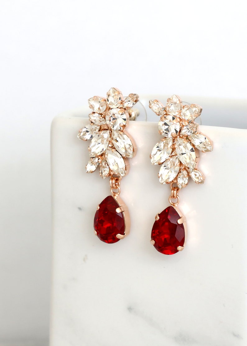 Red Ruby Bridal Earrings, Bridal Red Wine Chandelier Earrings, Red Crystal Drop Earrings, Maroon Crystal Earrings, Bridal Red Earrings image 7