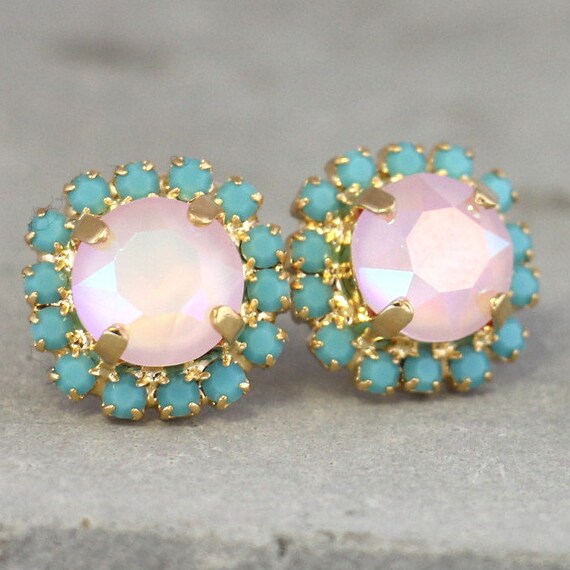 Pink Turquoise Stud Earrings AB Pink Turquoise Crystal | Etsy