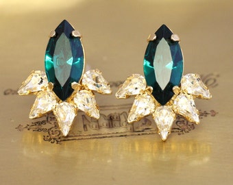 Emerald Stud Earrings, Emerald Crystal Earrings, Dark Green Bridal Earrings, Emerald Green Earrings, Bridesmaids Earrings, Emerald Earrings
