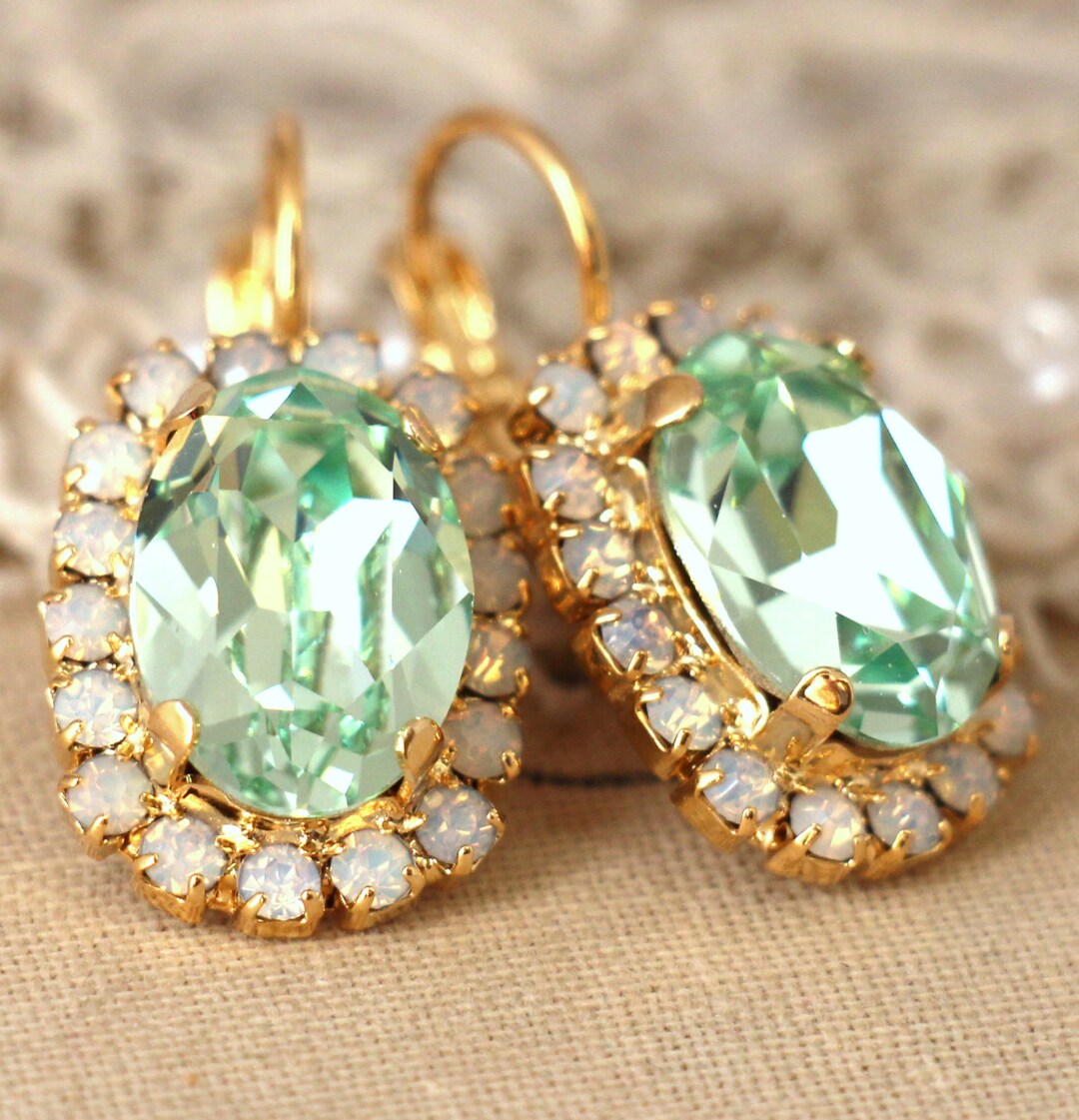 Mint Green Drop Earrings Swarovski Mint Earrings White Opal - Etsy