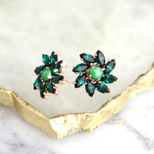 Emerald Stud Earrings, Bridal Emerald Earrings, Emerald Crystal Cluster Earrings, Dark Green Earrings, Bridesmaids Earrings, Green Studs image 7