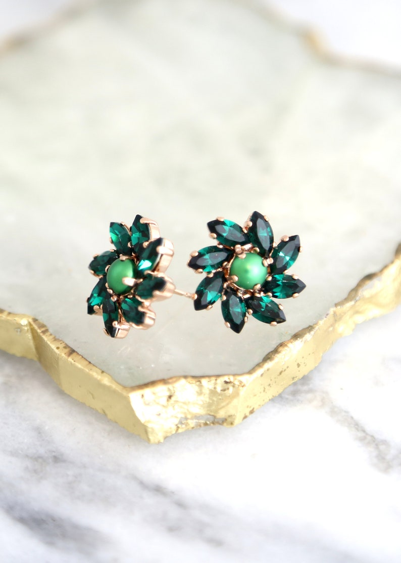 Emerald Stud Earrings, Bridal Emerald Earrings, Emerald Crystal Cluster Earrings, Dark Green Earrings, Bridesmaids Earrings, Green Studs image 7