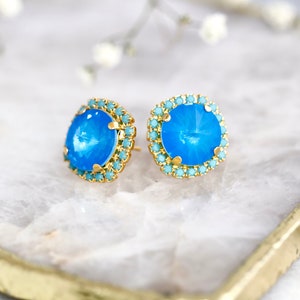 Electric Blue Stud Earrings, Neon Blue Austrian Crystal Earrings, Azure Blue Crystal Earrings, Electric Blue Jewelry, Bridesmaids Earrings image 8