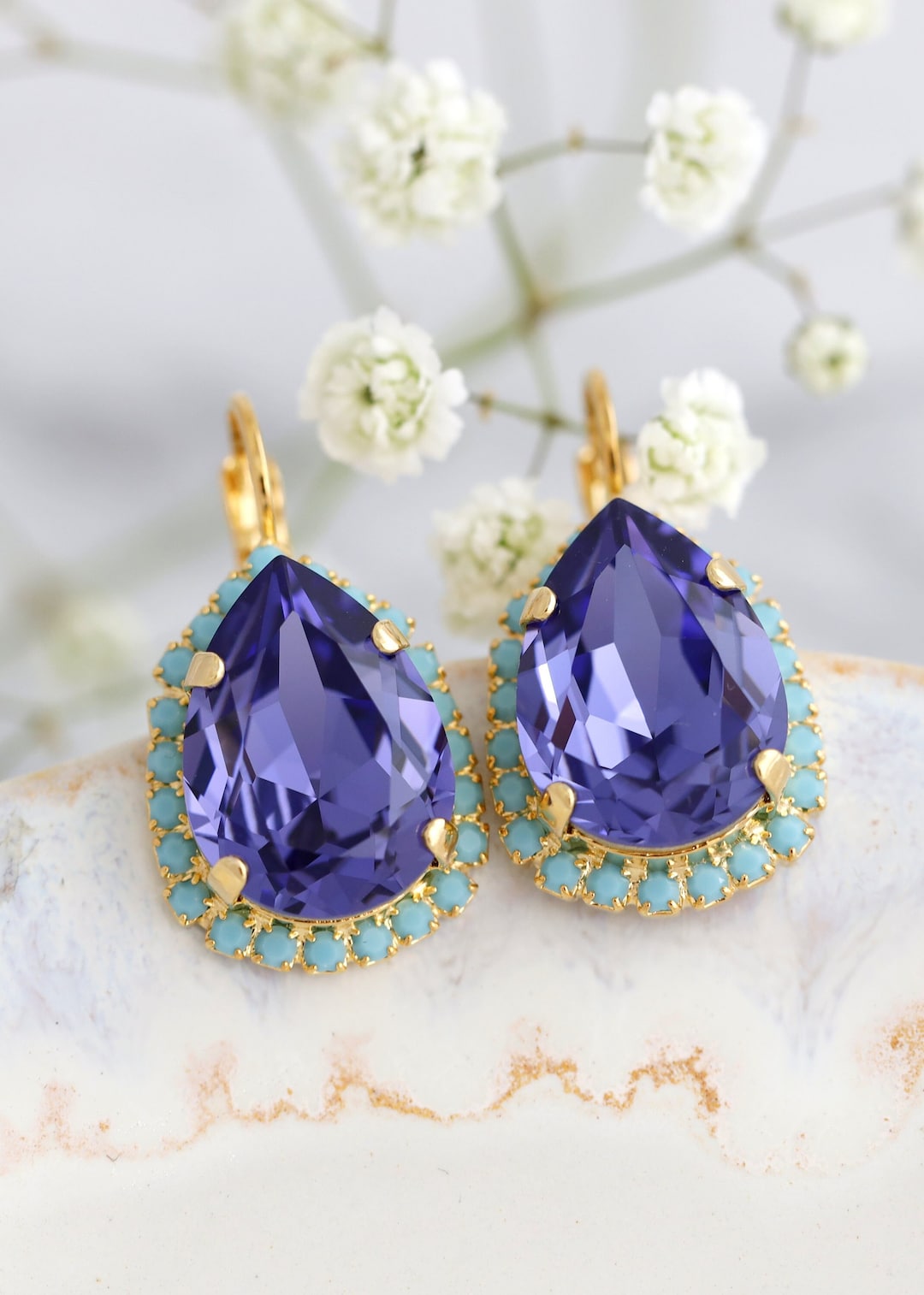 Purple Crystal Drop Earrings, Tanzanite Purple Earrings, Purple