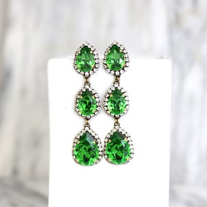 Green Long Chandelier, Bridal Green Chandelier Long Earrings, Fern Green Statement Earrings, Greenery Bridal Jewelry, Long Crystal Earrings image 5