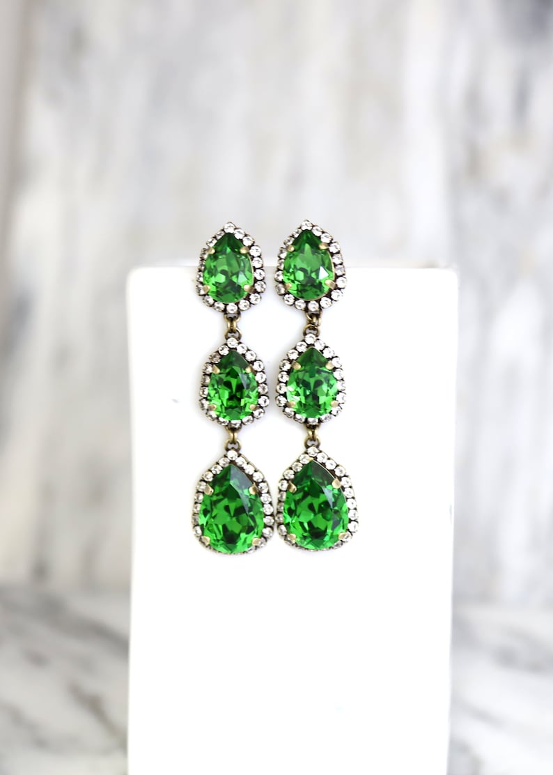 Green Long Chandelier, Bridal Green Chandelier Long Earrings, Fern Green Statement Earrings, Greenery Bridal Jewelry, Long Crystal Earrings image 5