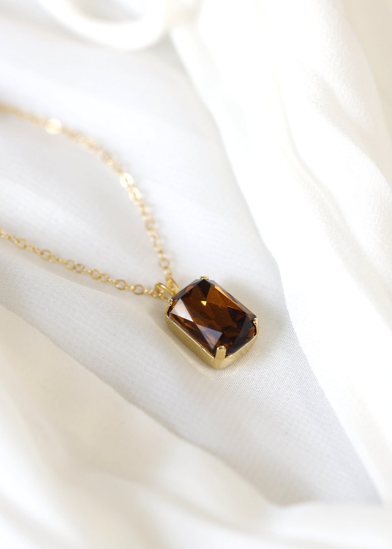 Browne Crystal Necklace, Brown Smoky Quartz Gold Or Silver Necklace, Brown Emerlad Cut Crytsal Necklace, Gift for her, Handmade Gift image 2