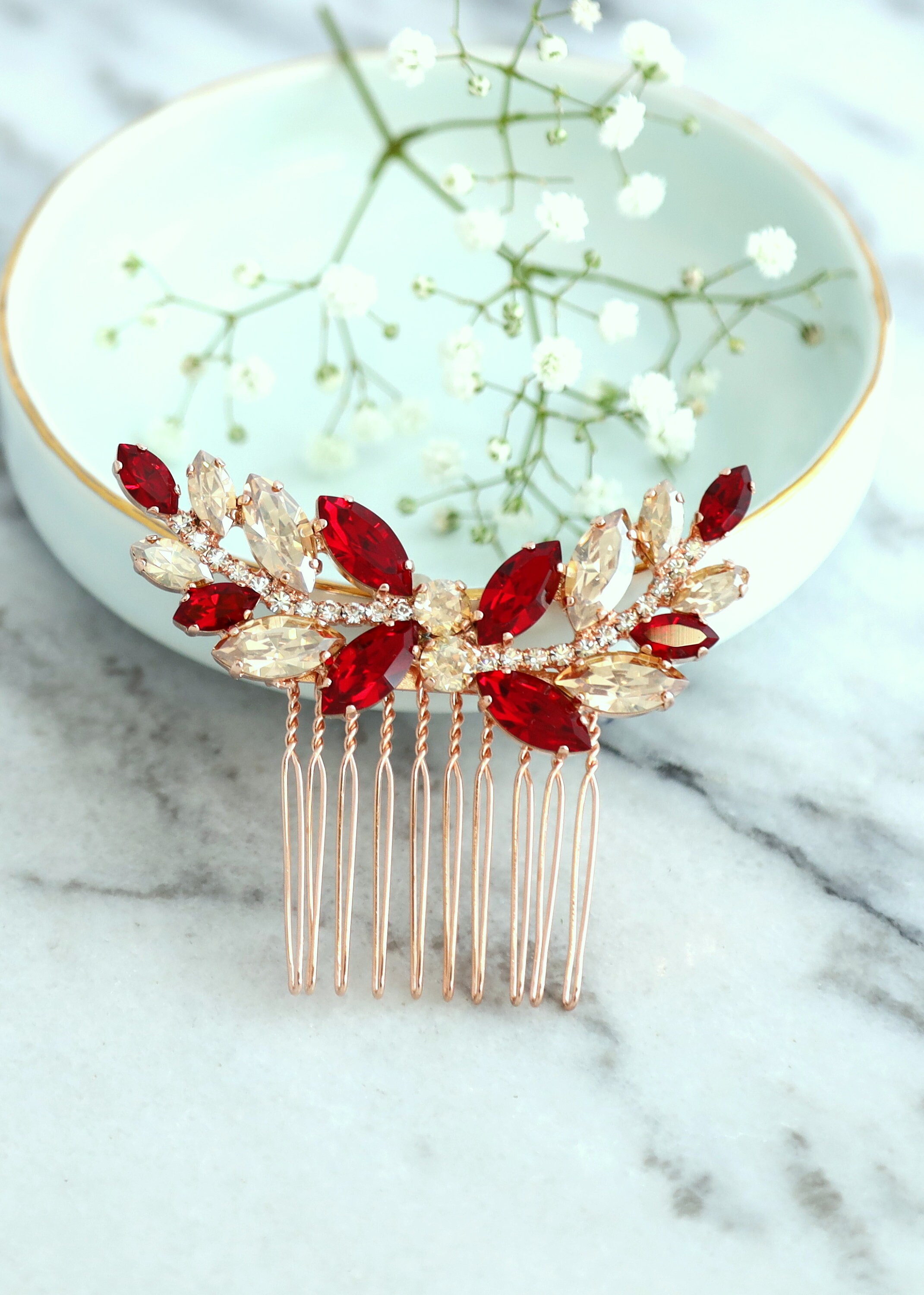 Handmade Large Red Beaded Hairpiece /Haircomb Red Hair Comb | Bridal Crystal Headpiece | Wedding Red  main image 3