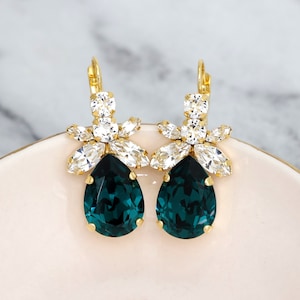 Emerald Green Bridal Earrings, Dark Green Crystal Earrings, Bridal Emerald Earrings, Green Emerald Dangle Earrings, Green Blue Drop Earrings Gold Plated