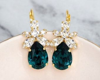Emerald Green Bridal Earrings, Dark Green Crystal Earrings, Bridal Emerald Earrings, Green Emerald Dangle Earrings, Green Blue Drop Earrings