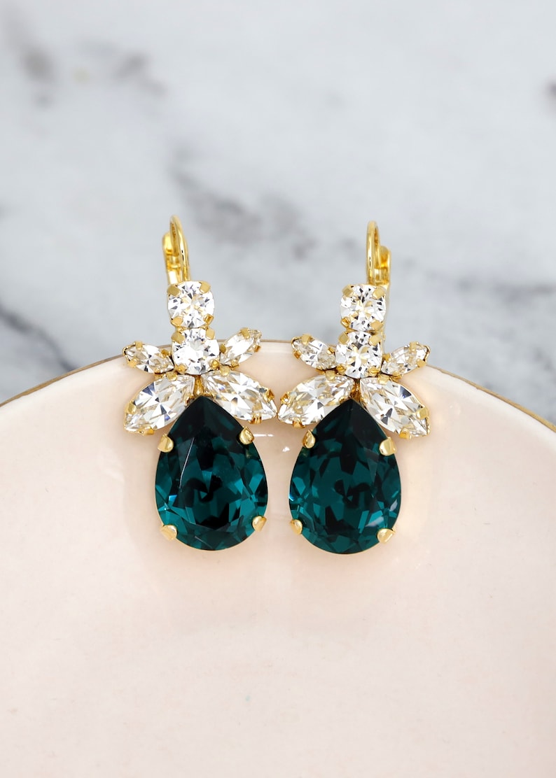 Emerald Green Bridal Earrings, Dark Green Crystal Earrings, Bridal Emerald Earrings, Green Emerald Dangle Earrings, Green Blue Drop Earrings Gold Plated