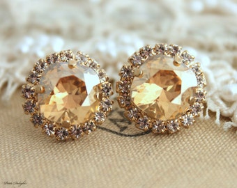 Champagne Earrings,Champagne Studs,Christmas,Topaz Studs,Champagne Bridal Earrings,Bridesmaids Earrings,Gift for her, Gold Crystal Studs
