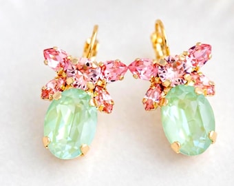 Sage Green Drop Earrings, Pink Green Earrings, Light Green Earrings, Green Pink Crystal Earrings, Bridesmaids Sage Green Earrings