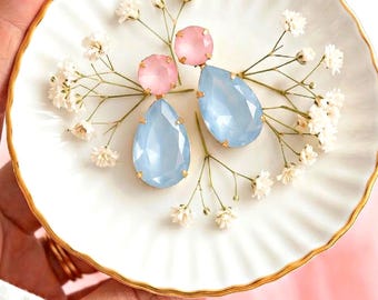 Light Blue Pink Crystal Earrings, Pastel Teardrop Earrings, Powder Blue Ballet Pink Stud Earrings, Powder Pink Blue Jewelry, Pastel Studs