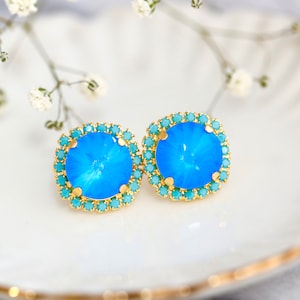 Pendientes de perno azul eléctrico, pendientes de cristal austriaco azul neón, pendientes de cristal azul azur, joyería azul eléctrico, pendientes de damas de honor imagen 7