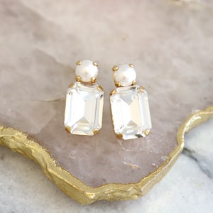 Bridal Classic Crystal Earrings, Pearl Crystal Stud Earrings, Emerald Cut Crystal Pearl Stud Earrings, Bridesmaids Earrings, Gift For Her image 5