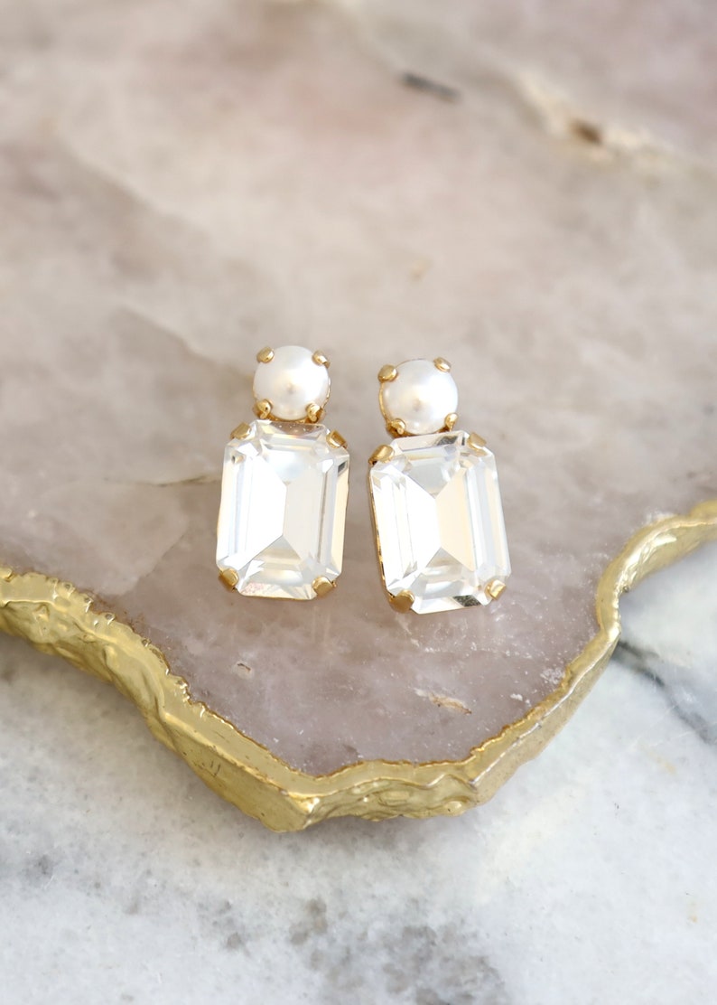 Bridal Classic Crystal Earrings, Pearl Crystal Stud Earrings, Emerald Cut Crystal Pearl Stud Earrings, Bridesmaids Earrings, Gift For Her image 5