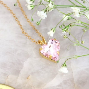 Heart Necklace, Pink Crystal Heart Necklace, Valentines Gift For Her, Pink Heart Crystal Gold Necklace, Pink Crystal Necklace, Gift For Her