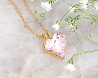 Heart Necklace, Pink Crystal Heart Necklace, Valentines Gift For Her, Pink Heart Crystal Gold Necklace, Pink Crystal Necklace, Gift For Her