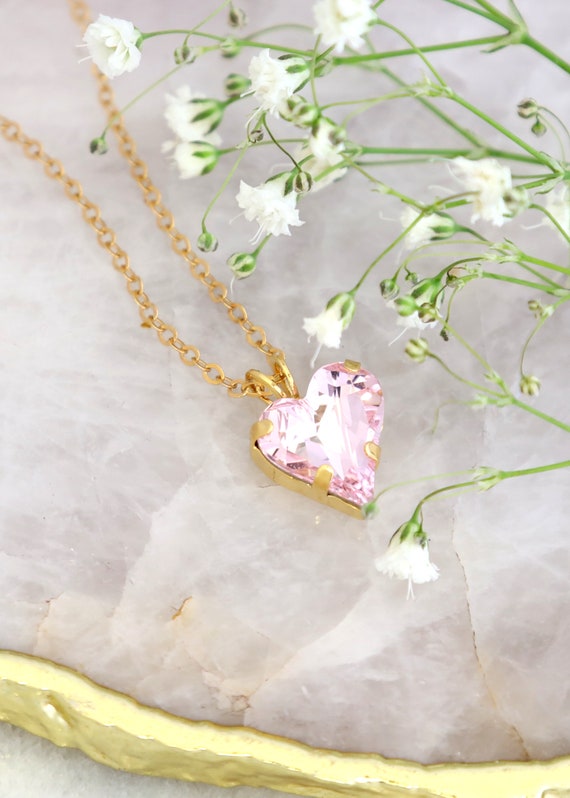 Gold Pink Crystal Heart Necklace