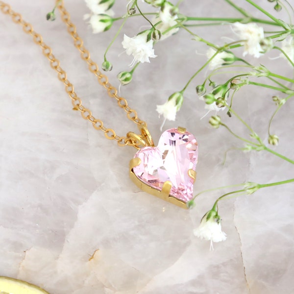 Pink Crystal Heart Necklace Etsy