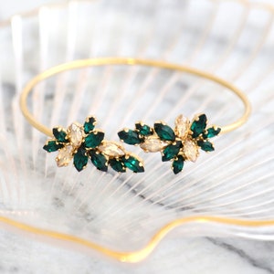 Emerald Gold Bracelet, Emerald Champagne Crystal Bracelet, Bridal Emerald Green Crystal Bracelet, Emerald Cuff Crystal Gold Bracelet. image 6