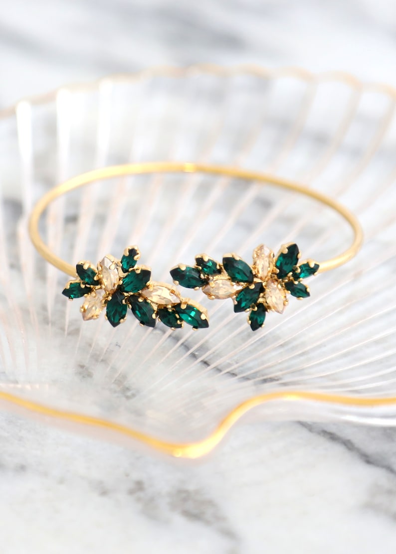 Emerald Gold Bracelet, Emerald Champagne Crystal Bracelet, Bridal Emerald Green Crystal Bracelet, Emerald Cuff Crystal Gold Bracelet. image 6