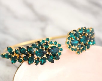 Emerald Green Bracelet, Emerald Bridal Crystal Gold Bracelet, Bridal Green Cuff Bracelet, Bridal Cuff Bracelet, Green Crystal Gold Bracelet