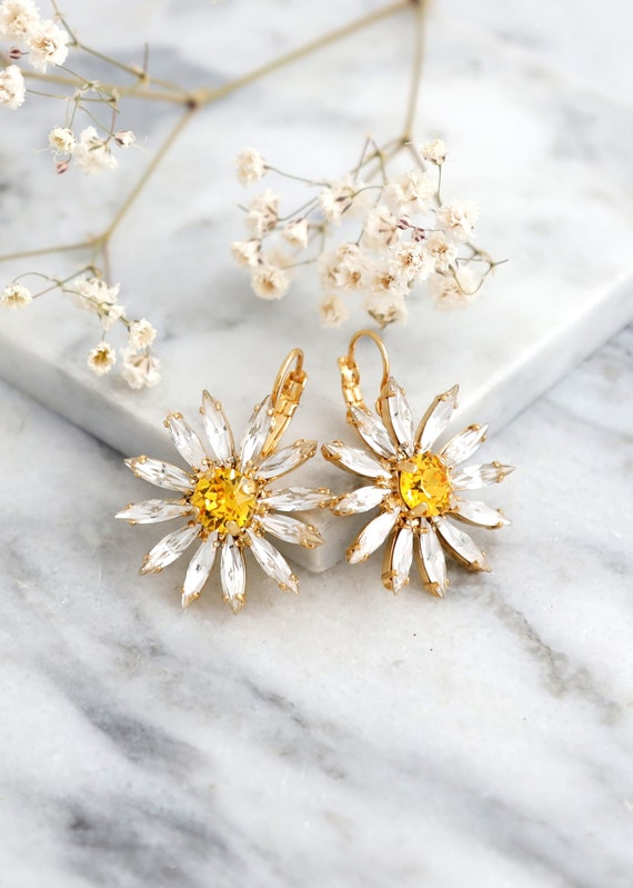 Crystal flower drop earrings sale