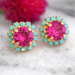 Pendientes rosas, tachuelas turquesas rosas, aretes rosas de cristal fucsia, joyas de damas de honor, pendientes rosas de cristal, regalo para ella, tachuelas rosas imagen 1