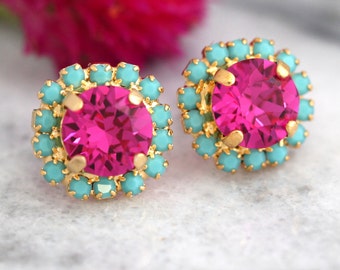 Pink Earrings, Pink Turquoise Studs, Fuchsia Crystal stud pink earring, Bridesmaids jewelry, Crystal Pink Earrings ,Gift For Her, Pink Studs