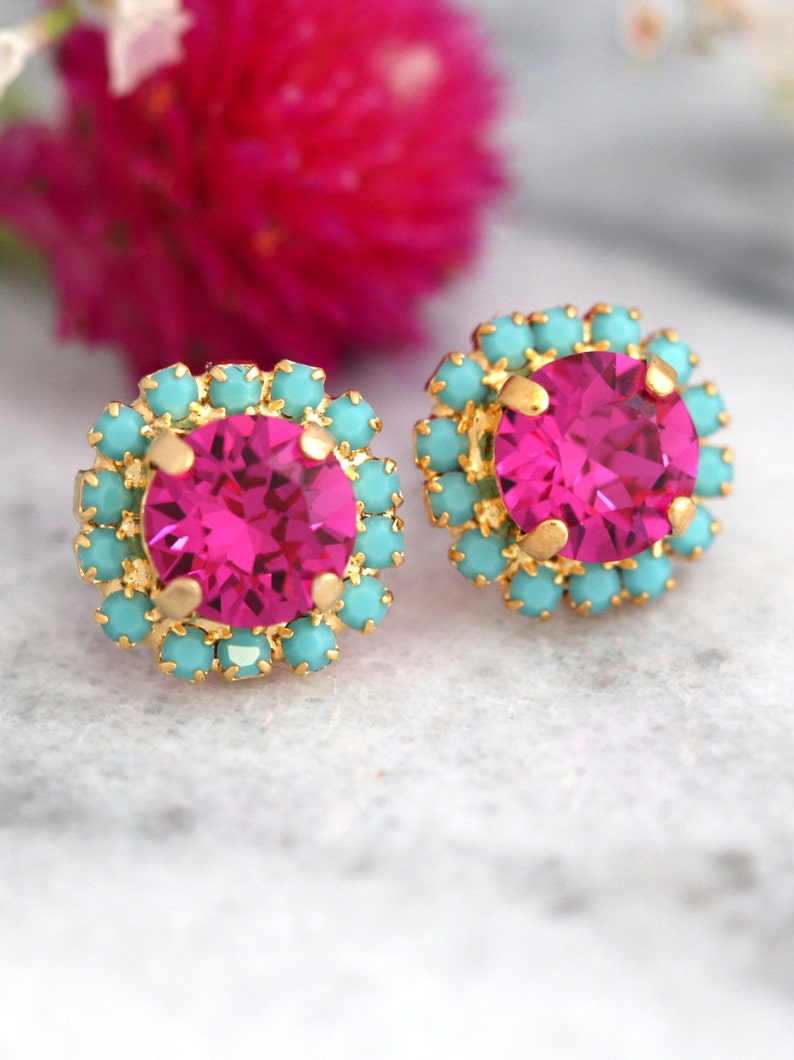 Pink Earrings, Pink Turquoise Studs, Fuchsia Crystal stud pink earring, Bridesmaids jewelry, Crystal Pink Earrings ,Gift For Her, Pink Studs image 1