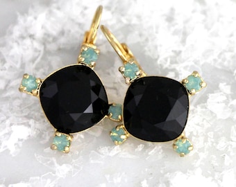 Black Drop Earrings, Black Green Drop Earrings, Black Mint Opal Rhinestone Earrings, Black Green Gold Crystal Earrings, Bridesmaids Earrings