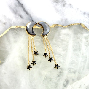 Moon Star earrings, Moon Stars Crescent Earrings, Moon Studs, Black Gold Earrings, Crystal Moon Stud Earrings, Gift For Her, Star Earrings image 1