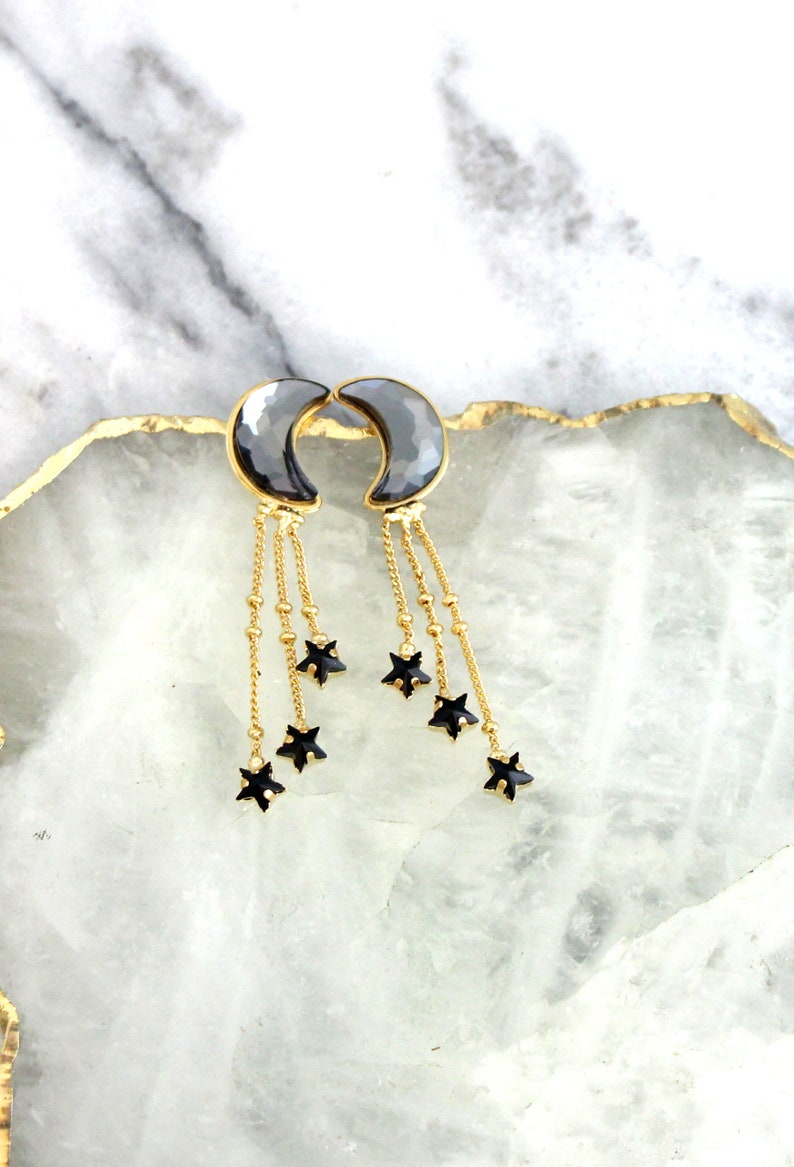 Moon Star earrings, Moon Stars Crescent Earrings, Moon Studs, Black Gold Earrings, Crystal Moon Stud Earrings, Gift For Her, Star Earrings image 1