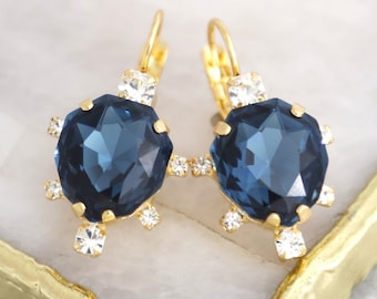 Blue Navy Drop Earrings, Bridal Blue Navy Crystal Earrings, Dark Blue Earrings, Bridal Navy Blue Earrings, Deep Blue Sapphire Earrings