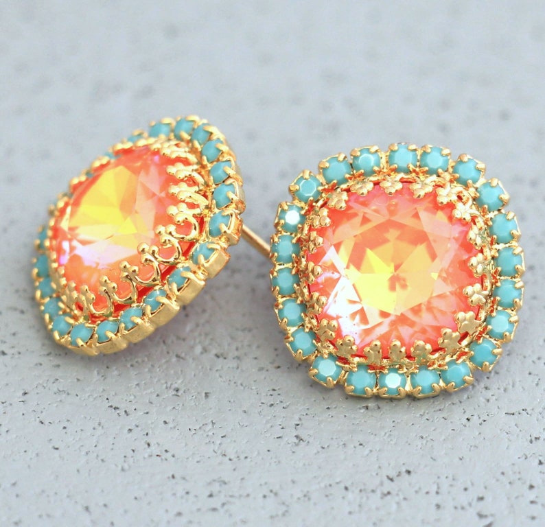 Orange Earrings, Burnt Orange Crystal Earrings, Coral Mint Stud Earrings, Orange Crystal Stud Earrings, Gift For Her, Christmas Gift image 9