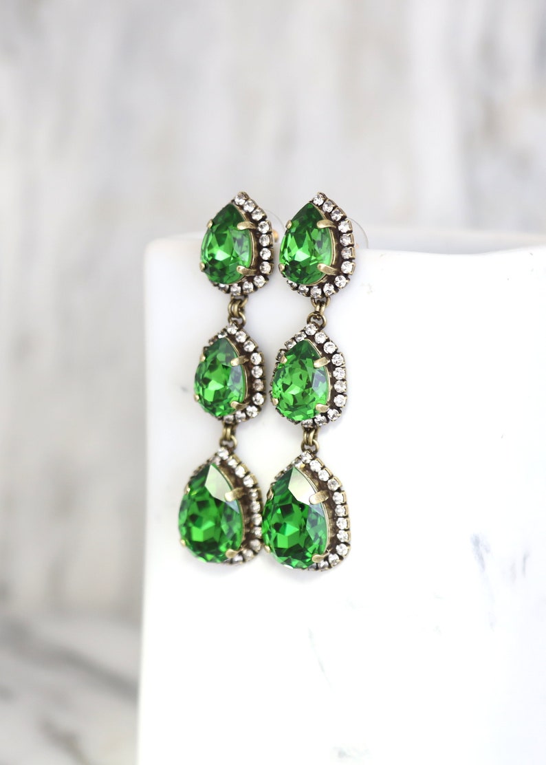 Green Long Chandelier, Bridal Green Chandelier Long Earrings, Fern Green Statement Earrings, Greenery Bridal Jewelry, Long Crystal Earrings image 8